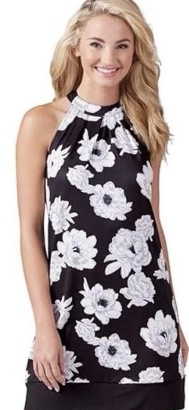 Mud Pie Dress Medium Black White Floral Sleeveless Shift Midi Pocket Dress M